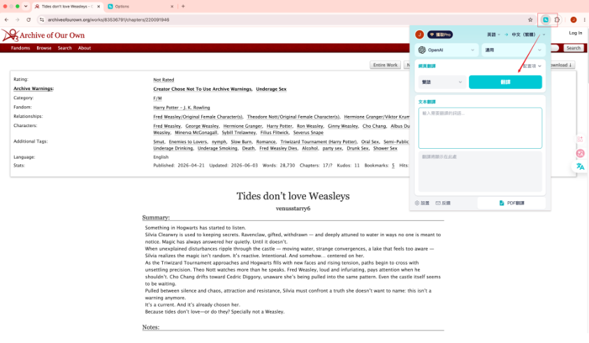 AO3英文同人小说使用DeepTranslate翻译教程页面截图