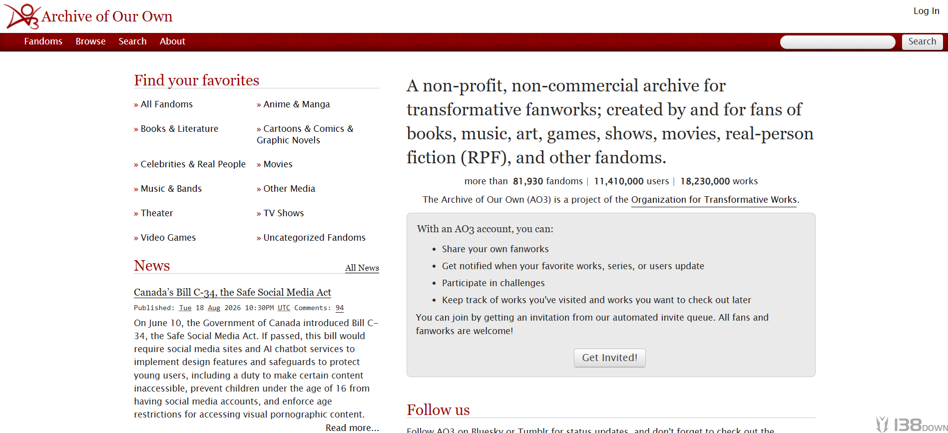 AO3官方网站历史首页中的红色导航栏、作品分类及网站介绍区域