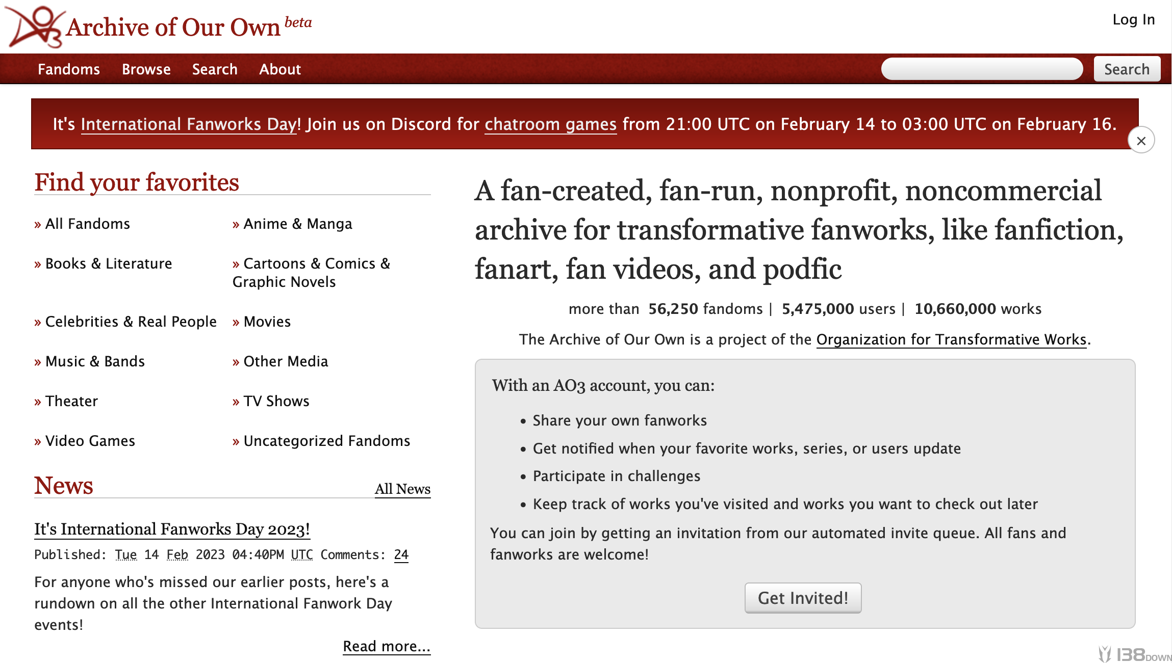 AO3原站历史首页中的Log In账号登录入口和Get Invited邀请申请按钮