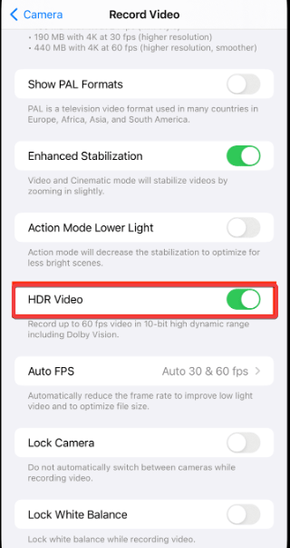 iPhone录制视频设置页面中的HDR视频功能开关
