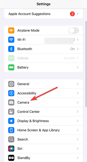 iPhone系统设置列表中的相机设置入口
