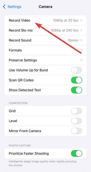 iPhone相机设置页面中的录制视频选项