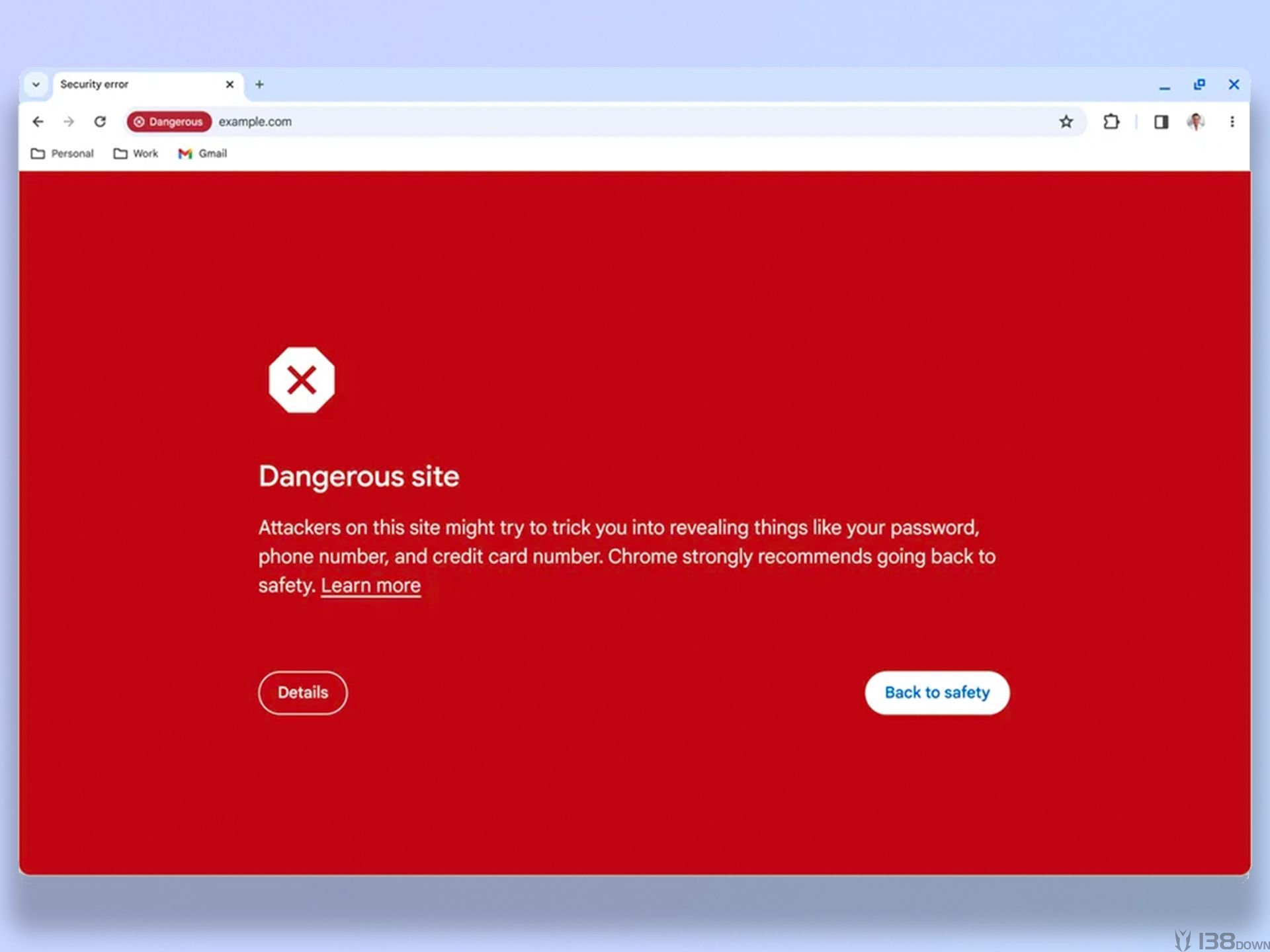 Chrome浏览器红色危险网站警告页面，显示Dangerous site提示及返回安全页面的按钮