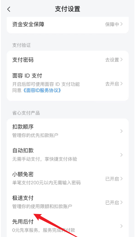 支付设置中极速支付独立入口,旁边还有小额免密和自动扣款等项目
