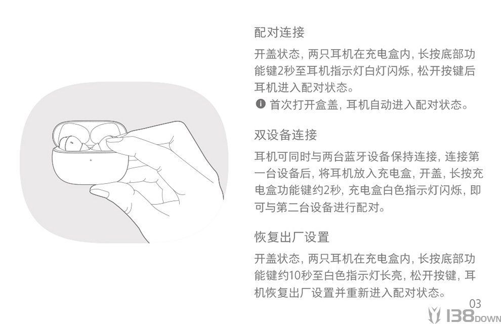 Redmi Buds 4 Pro快速指南中的配对操作示意图，展示打开充电盒并长按功能键进入配对状态