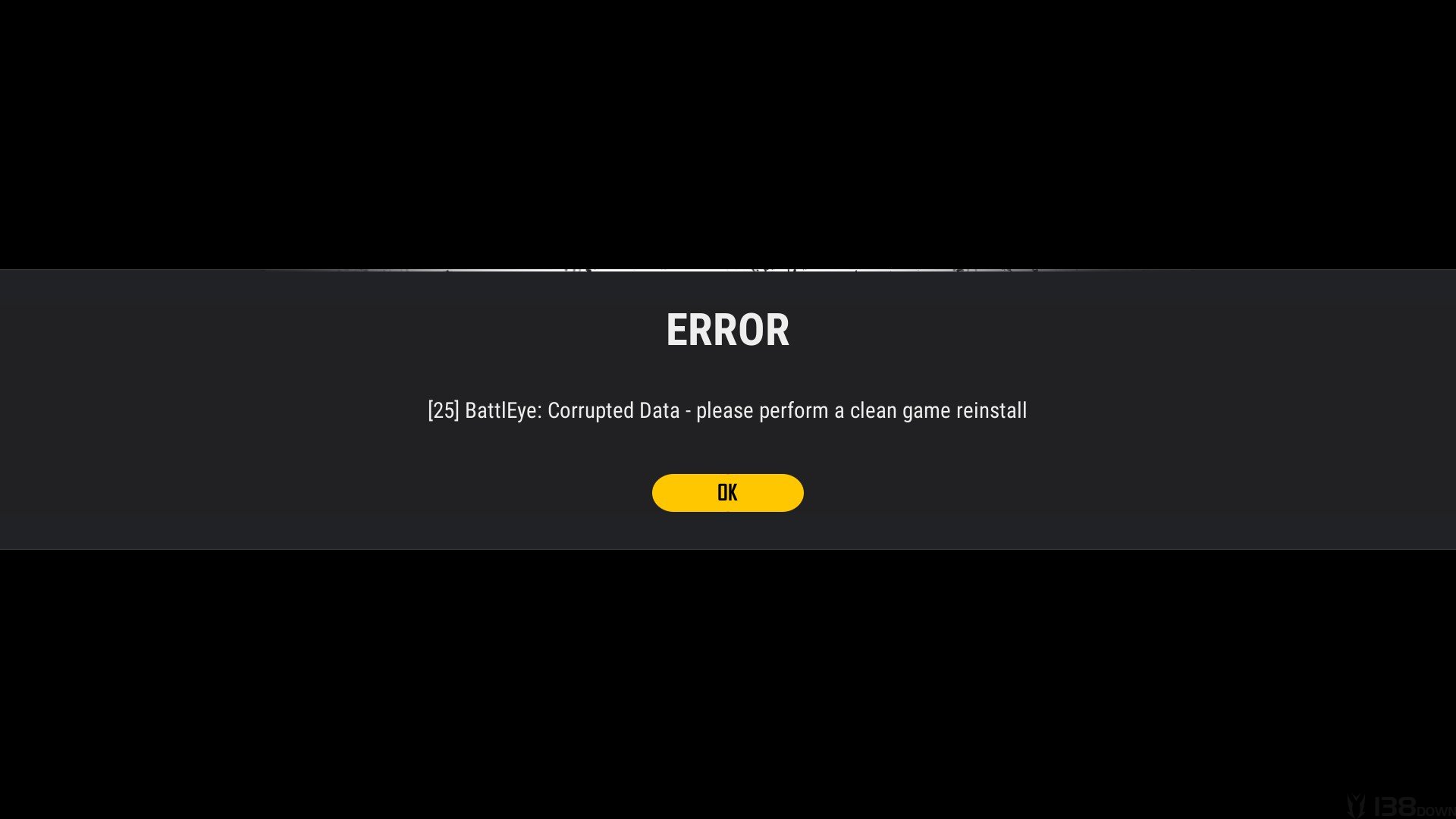 PUBG启动时显示BattlEye Corrupted Data错误的提示界面