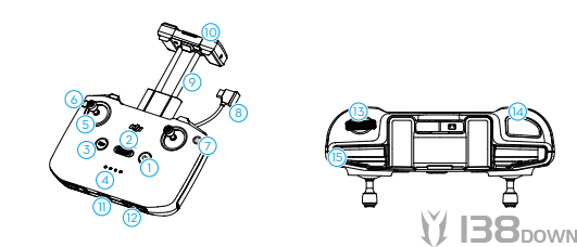 DJI RC-N2和RC-N3遥控器正反面结构示意图，展示摇杆、手机支架和接口位置