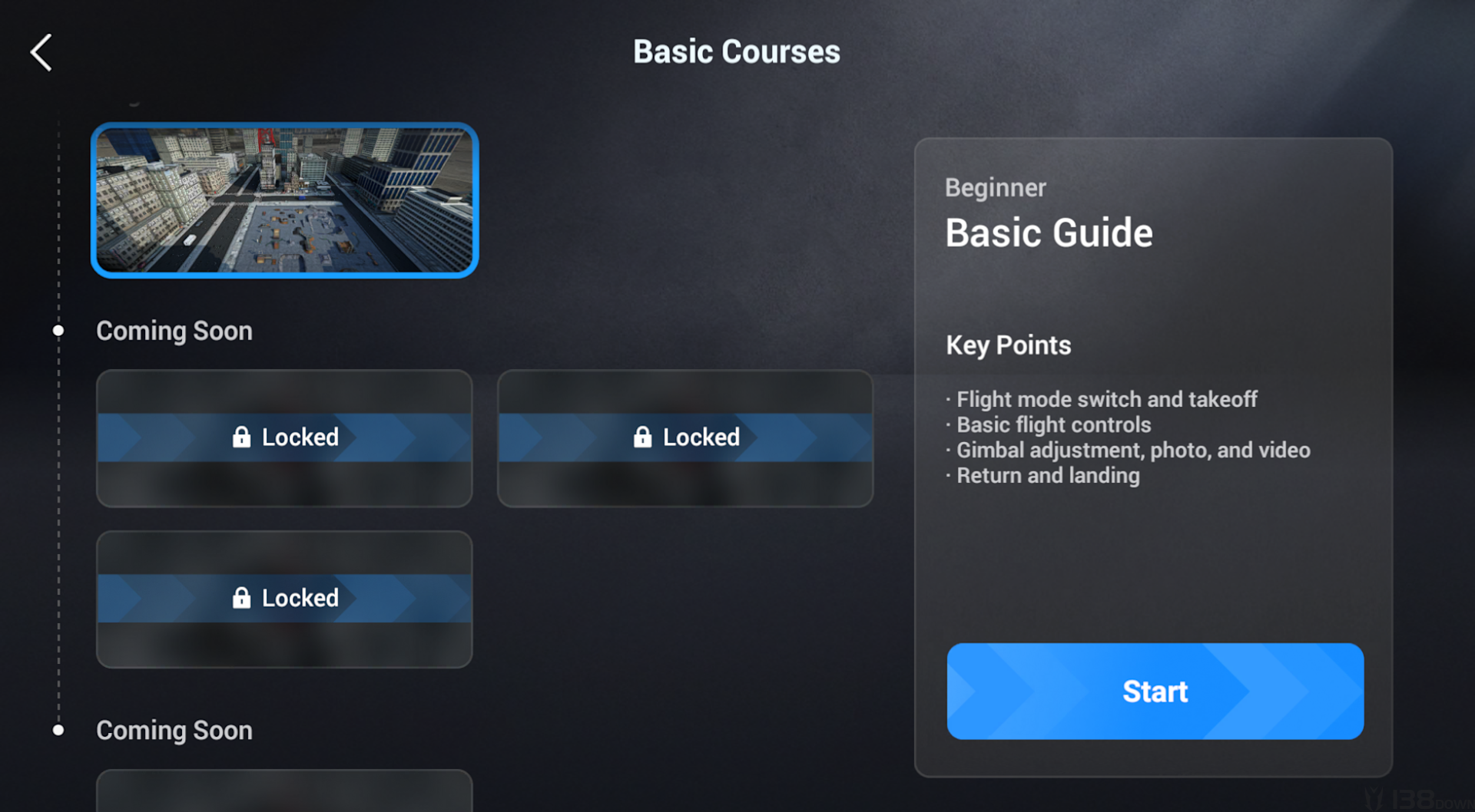 DJI Simulator基础飞行课程界面，展示Basic Courses和Beginner Basic Guide训练内容